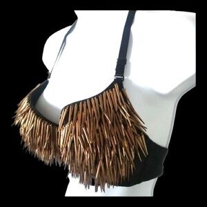 Black Gold Spikes Size 38 Lg Convertible Halter Shoulder Straps Padded Bra NEW